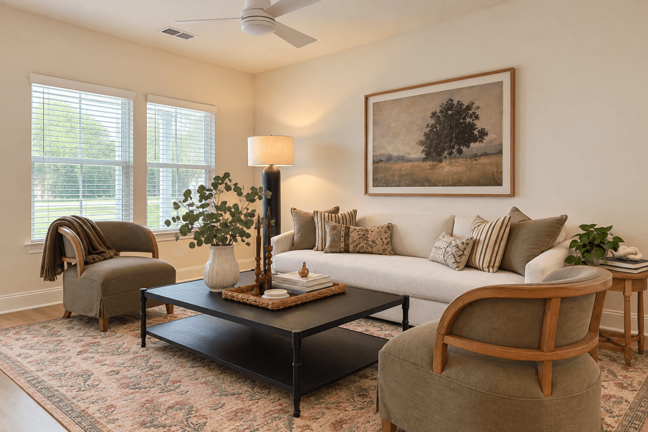 warm contemporary living room with natural textures